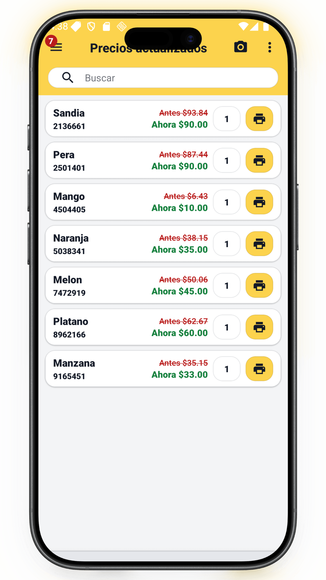 Actualización de precios - mockup